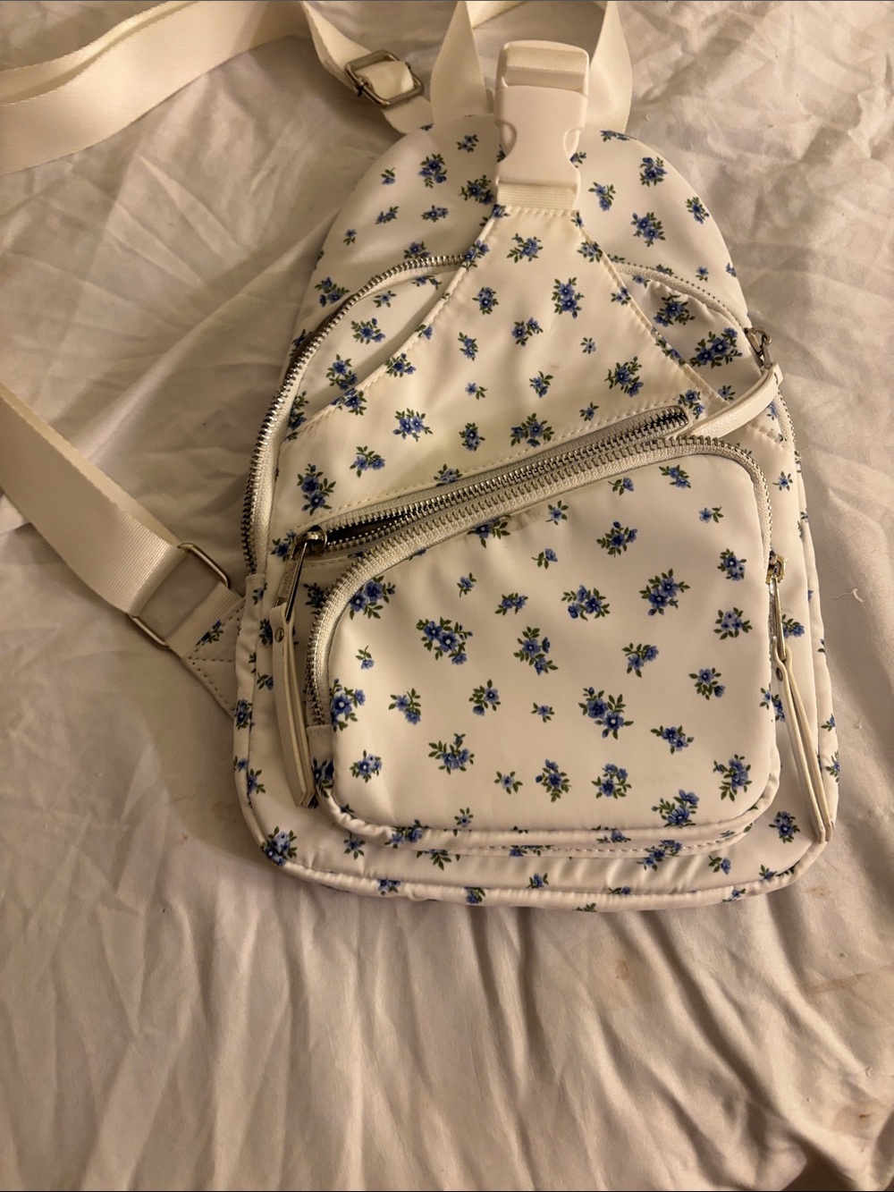 White Floral Crossbody Sling Bag - Blue Floral Print